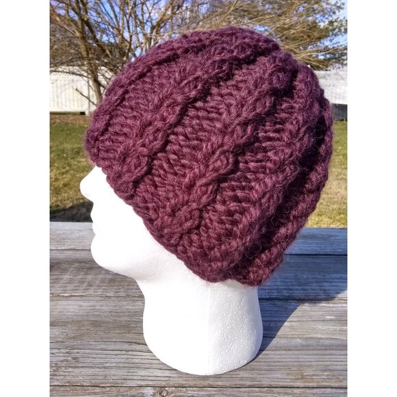 Womens Chunky Alpaca Beanie Skully Hat Handmade Knit Unisex Burgundy Men Red M/L - Picture 9 of 9